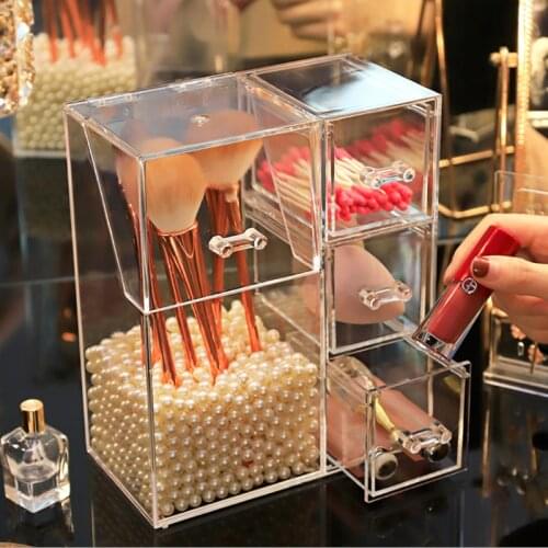Acrylic Makeup Organizer Cosmetic Holder Makeup Tools Storage Pearls Box Brush Accessory Organizer Box with Cover
