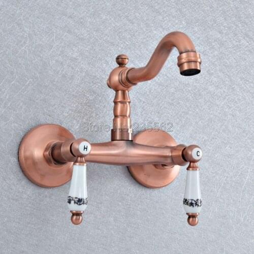 Antique Red Copper Bathroom Faucet Wall Mounted Basin Faucet 360 Degree Swivel Double Handle Cold Hot Water Mixer Tap Lsf893
