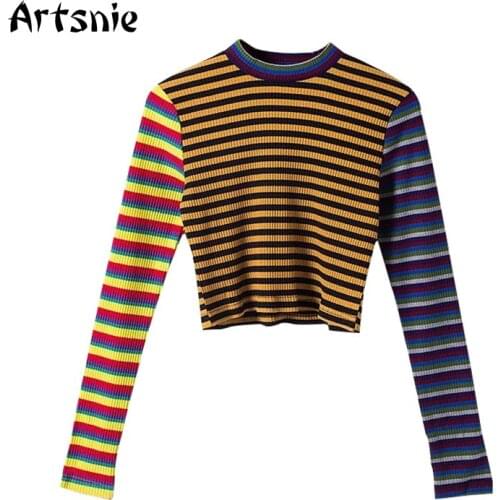Artsnie Color Striped Knitted Short T Shirts Women Autumn 2018 O Neck Long Sleeve Streetwear Cropped Casual Girls Crop Tops Tee