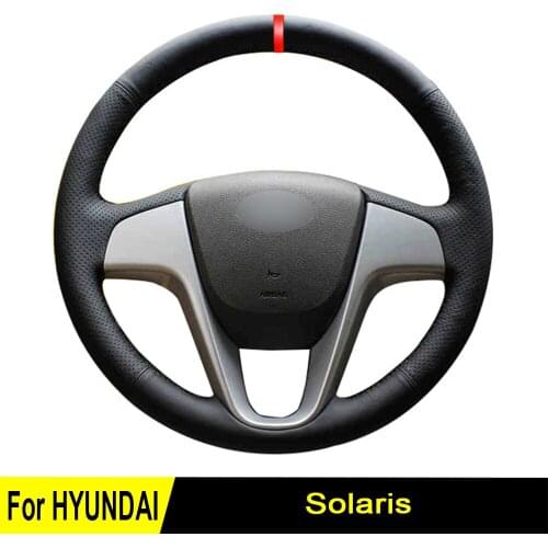 Steering Wheel Cover For Hyundai Solaris Verna I20 Accent Hand-stitched Black Genuine Leather Non-slip Wear-resistant