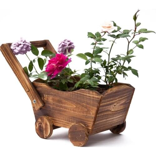 Succulent Flower Pot, Wooden Personality Planter, Wheelbarrow Ornament Cartoon Cart Design, Rustic Plant Holder Decor