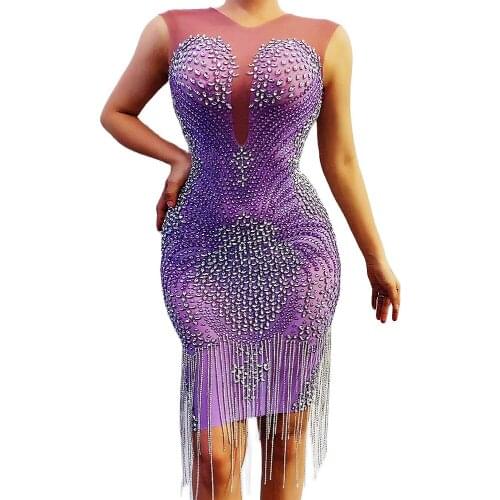 Purple Fringe Dresses Knee-Length Sparkling Rhinestones Dress Club Costume For Women Mesh Gauze Birthday Costume Dance Wear