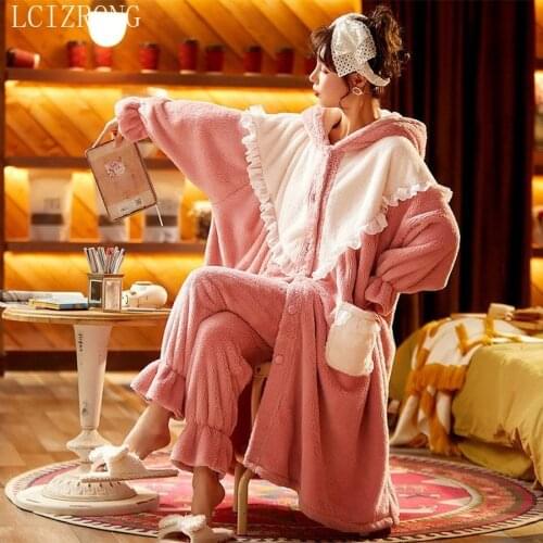 2021 New Winter Sweet Girl Cute Big Size Rabbit Ear Loose Bathrobe Women Fashion Warm Comfortable Robe Long Dressing Gown Female