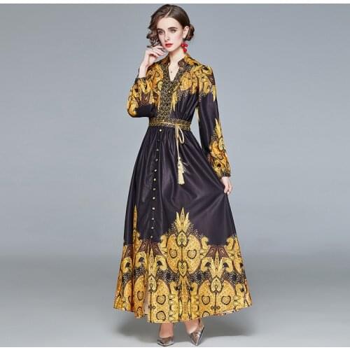 JSXDHK High Quality Vintage Women Puff Sleeve Dress Runway Autumn Flower Print Single Breasted V Neck Maxi Long Dress Vestidos
