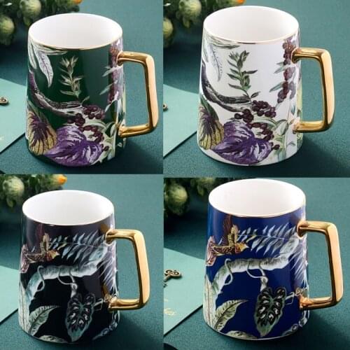 480ml Ceramic Coffee Mug With Luxury Gold Handle Pastoral Style Gold Flower Bird Magpie Birthday Gift Mugs