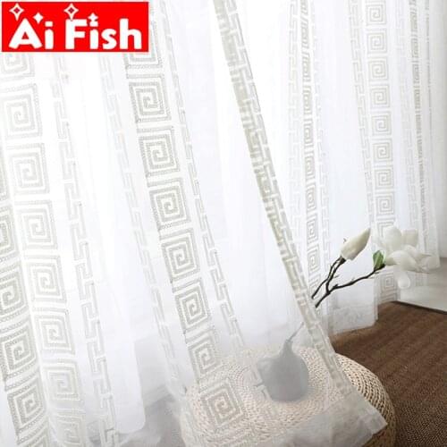 Chinese Classical Curtain Fabrics White Embroidery Thread Geometric Window Screen Organza Living Room Tulle Curtains Drapes #40