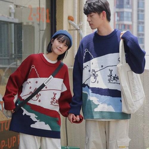 Korean Gentle Preppy Style Men And Women Couple Pullovers Vintage Cartoon Winter Warm Harajuku Sweet Girl Loose Couples Sweater