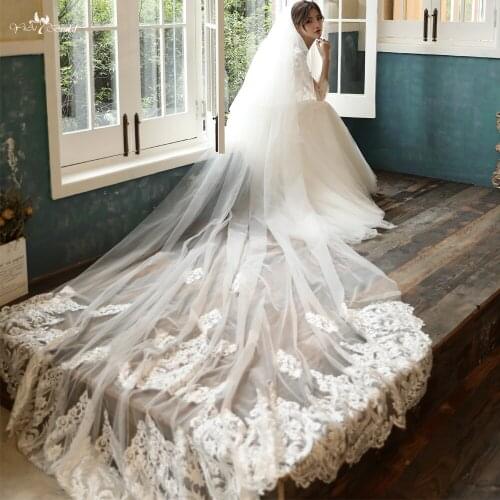 LZP536 3 Meters Long Tulle Bridal Veil Elegant Lace Two Layer Cathedral Wedding Veil