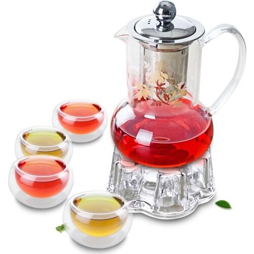Novelty Glass Tea Pot w/ Stainless Steel Filter & 4PC Mini Cups & Tea Warmer