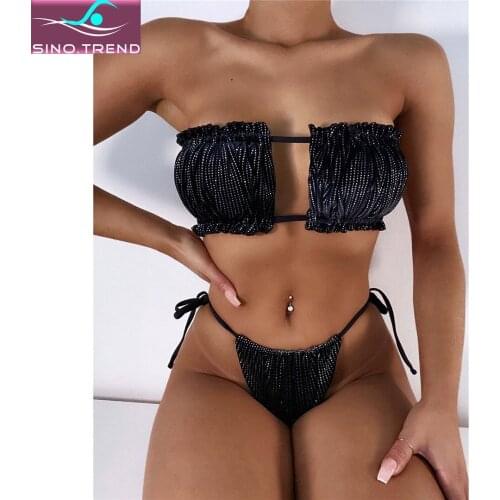 2021 Sexy Black Shiny Bandeau Bikini Set Women Tie Side Thong Swimwear Female Two-pieces Strapless Swimsuit Bathing Suit Swim