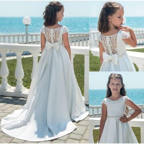 Cap Sleeves Flower Girl Dresses For Weddings A-line Appliques Lace Beaded Bow Long First Communion Dresses for Little Girl