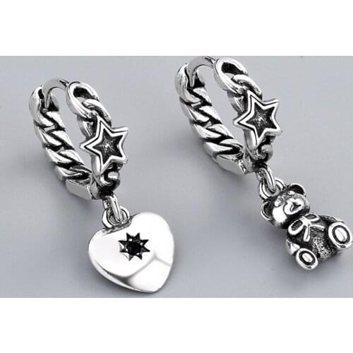 ModaOne Retro Vintage Bear Love Asymmetric Silver Color Black Cubic Zirconia Hoop Earring For Women Girls Animal Jewelry