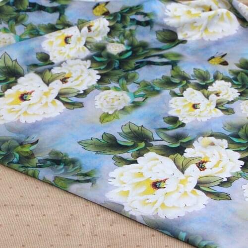 FYS59 1meter White Peony Chinese Silk Fabric For Women Dress DIY Fabric Qipao Gambiered Canton Gauze Fabric Silk Scarf Fabrics