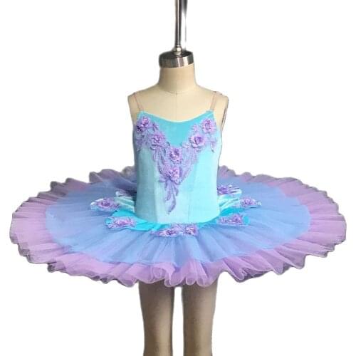 All For Dance Aqua Blue Velvet Bodice With Lilac Flowers Pre-professional Ballet Pancaked Dance Costume Ballerina Dance Tutu