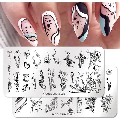 NICOLE DIARY Ocean Theme Nail Stamping Plates Stainless Steel Abstract Line Flowers Stamp Templates DIY Nail Stencil Tools