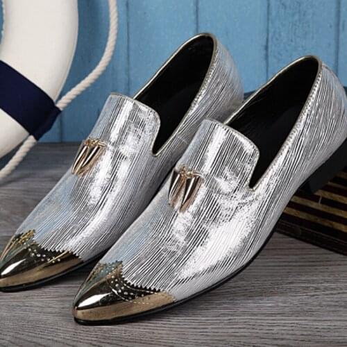 Christia Bella Fashion Golden Metal Pointed Toe Mens Large Size Shoes Silvery Genuine Leather Male Party Dress Slip on Shoes
