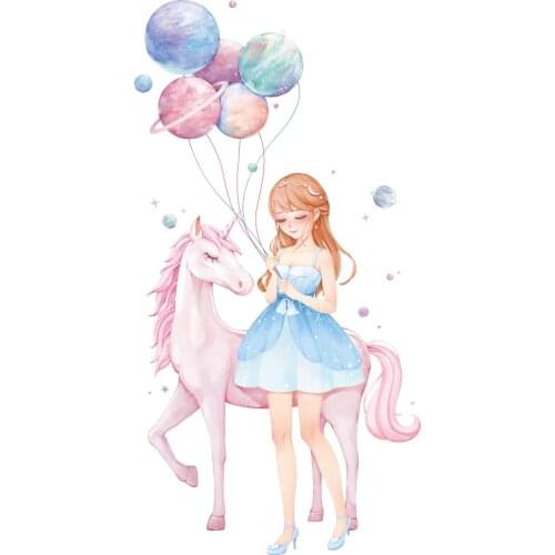 Pretty Girl Unicorn Wall Stickers for Kids rooms Girls room Wall Decor Cartoon Planet Balloon Vinyl Wall Decals for Home Decor