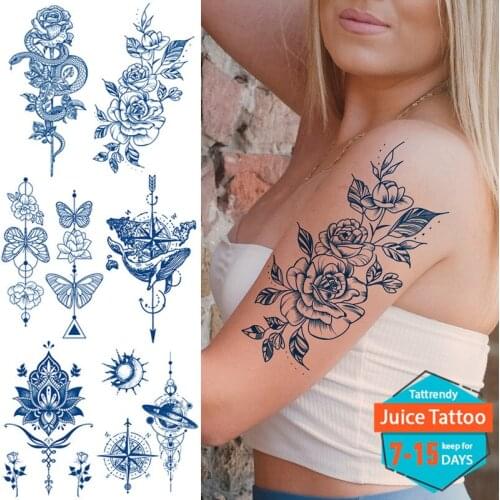 Long Lasting Temporary Tattoo Natural Juice Body Art Sexy Fake Tattoo for Women Men Arm Sleeve Tattoo Rose Snake Butterfly Sun