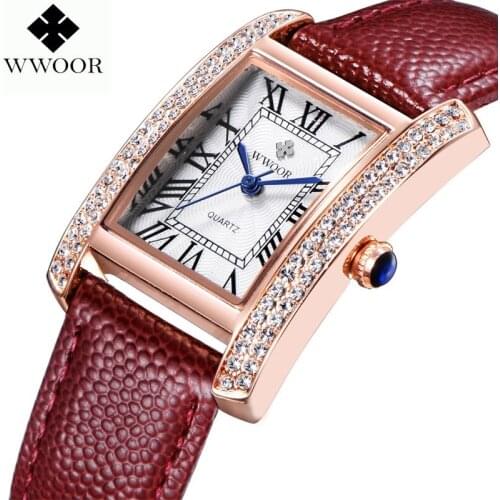 WWOOR 2016 New Brand Fashion Women Watches Quartz Watch Diamonds Dress Ladies Casual Crystal Sports Wristwatch Leather strap Red