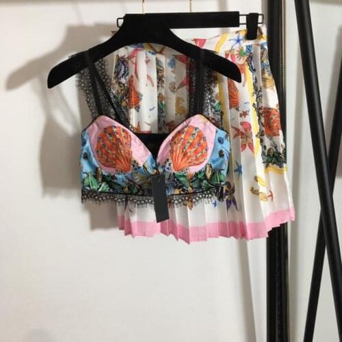 Sweet Sexy Printed Lace Crop Strapless Tube Top + High Waist Pleated Short Skirt Beach Party Women Summer Clothes Holiday New
