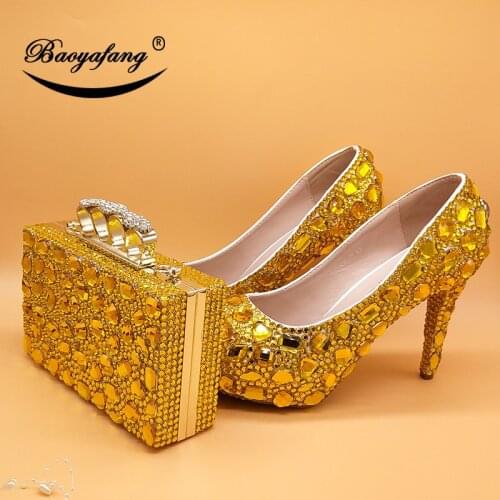 BaoYaFang New Yellow Gold crystal wedding shoes with matching bags Women High heel real leather Platform shoes woman high Pumps