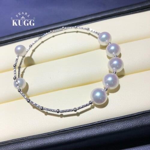 KUGG PEARL 18k White Gold Pearl Bangle Fashion Handmade Jewelry 7-8mm Natural Akoya Sea White Pearl Bracelet for Women Customize