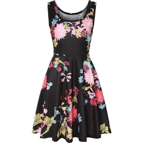 Women Pink Flower Printed O-neck Sleeveless Camisole Stitching Casual Beach Holiday A-line Dress