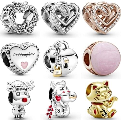 Open Heart & Rose Flowers Pink Swirl Cute Ox Fortune Cat Beads 925 Sterling Silver Charm Fit Pandora Bracelet Diy Jewelry