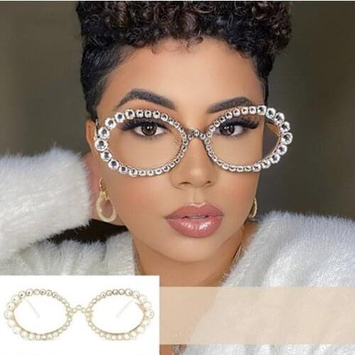 Luxury Brand Women Rhinestone Transparent Glasses 90s Retro Round Clear Len Sunglasses Men Glimmering Metal Oval Crystal Eyewear