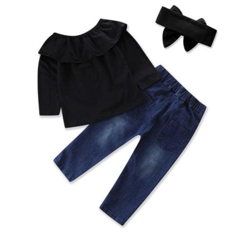 Toddler Kid Baby Girl Off Shoulder T-Shirt Tops+Denim Jeans Pants +Headband 3pcs Clothes Outfit Size 3-7T