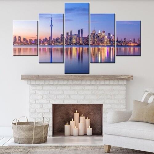 Canvas Wall Art Pictures Frame 5 Pieces Modern City Toronto Skyline with Purple Light Painting Cityscape Live Room Print Posters