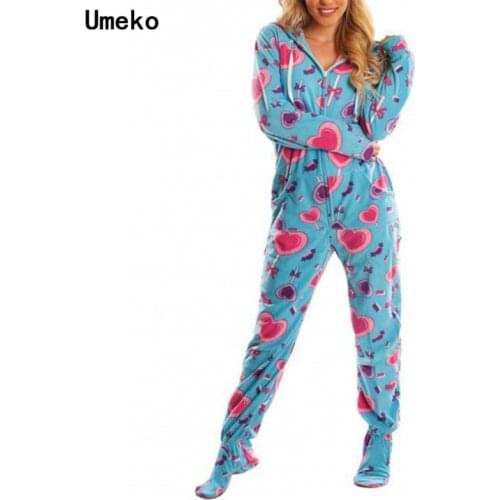 Women Romper Pajamas Casual Autumn Winter Warm Plush Heart Print Long Sleeve Zipper Long Pants Romper Hooded Jumpsuit Sleepwear