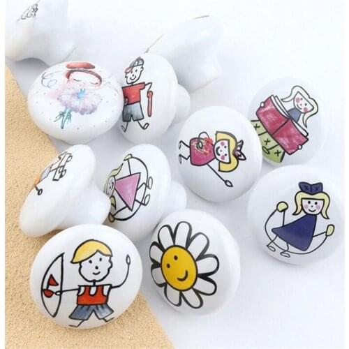 Round Cartoon 38mm Childrens Room Decoration Ceramic Handle Single Hole Round Hand-painted Pattern Drawer Furniture Diy Pulls