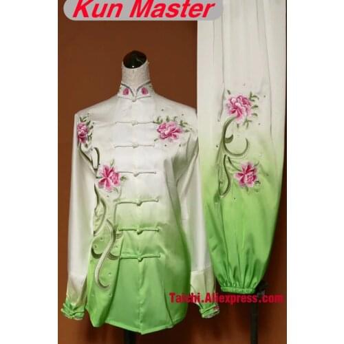 LadyCustom Tai Chi Performance Uniform Peony Embroidery Note Height And Weight Gradual Change Color Violet Pink Green