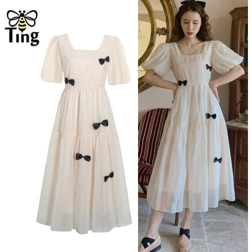 Tingfly Summer Mori Girl Casual Midi Dress Bow Decor Vintage Puff Sleeve Fairy A Line Light Dress Goblincore Vestidos Robes Chic