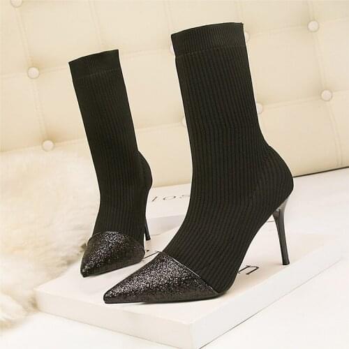 Fashion Women Ankle Boots 9cm Thin Heels Knitted Shoes Female Brand Pointed Toe Ladies Shoe Brand 2020 Boot Woman Socks Boots