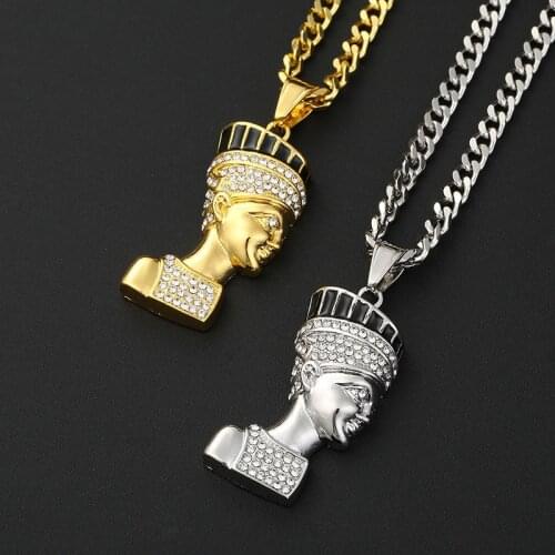 Mens Hip Hop Jewelry Rock Gold Color Micro Pave Full Rhinestone Arabic Egypt Pharaoh Religion Pendants Necklace for Men Jewelry