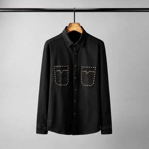 New Denim Mens Shirts Long Sleeve Two Pockets Casual Mens Dress Shirts Loose Party Man Shirts Autumn And Winter black shirt 2021