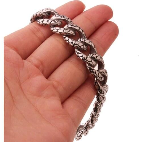 New Arrive Hot Stainless Steel Silver Color Snake Pattern Cuban Curb Chain Mens Unisexs Bracelet Bangle 8.66"*14mmHip-hop Buckle
