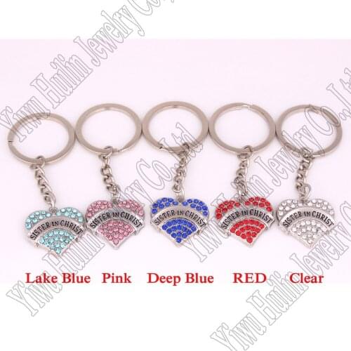 New Arrival rhodium plated zinc studded with sparkling crystals SISTER IN CHRIST heart pendant key chain