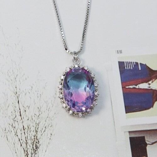925 Sterling Silver Necklace European Luxury Diamond Jewelry Oval Gradient Color Natural Gem Stone Pendant Necklace Chain Choker