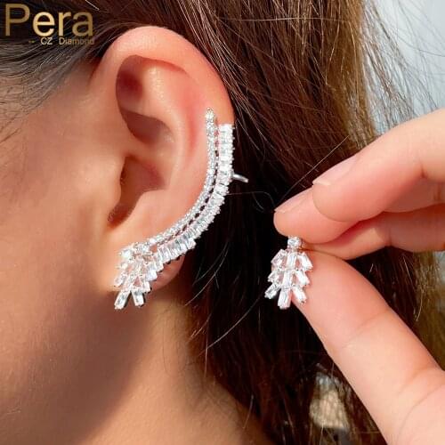 Pera Bling White Crystal Right and Left Asymmetrical Long Big Ear Cuff Baguette CZ Stud Earrings for Women Party Jewelry E757
