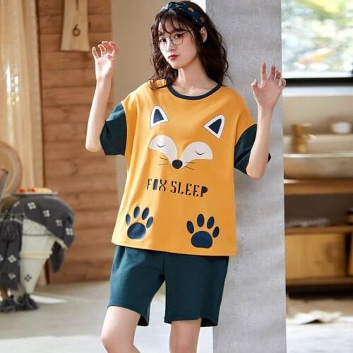 Pyjamas Crew Neck Home Suit for Women 2021 New Summer Cotton Womens Pajamas Simple Cute Fox Print Sleepwear Short Sleeve Suit