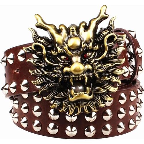 Fashion big rivet belt metal buckle mens belts cartoon animal golden dragon head heavy metal style belt punk rock performance
