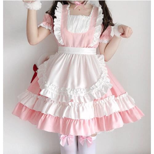 Sweet Lolita Pink Maid Dress Black Soft Girl Women Princess Dresses Kawaii Role Play Costume Classic Anime Uniform Dress