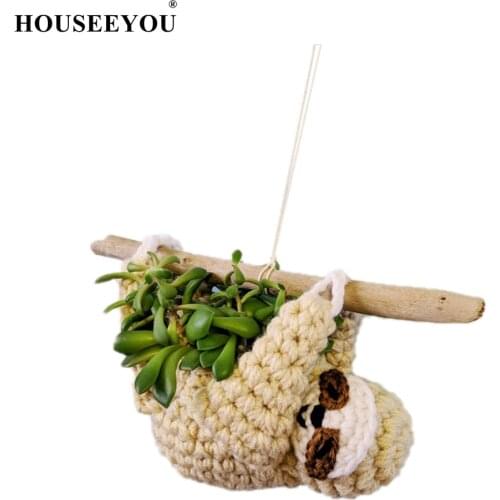 Cute Animal Mini Fabric Weaved Sloth Flowerpot Flower Pot Hanging Succulents Bonsai Green Planter Container Home Garden Decor