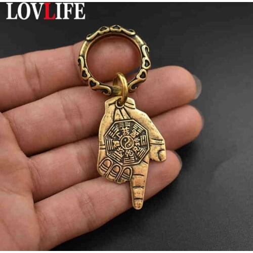 Vintage Brass Lucky Hand Palm Pendants for Keychains Chinese Words Eight Diagrams Engraved Metal Copper Car Key Chains Hangings