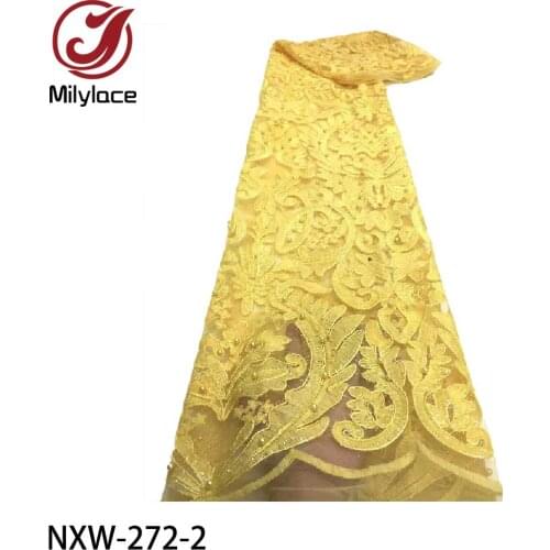 Yellow African Lace Fabric Embroiderey Beads French Tulle Laces Fabric for Nigerian Wedding Party NXW-272