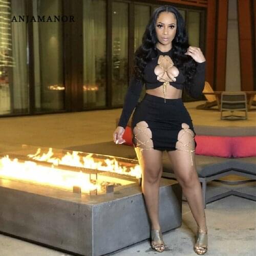 ANJAMANOR Sexy Two Piece Set Metal Chain Lace Up Crop Top and Skirt Matching Sets Birthday Club Outfits for Women D52-DZ35