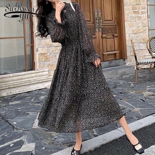 Korean Fashion Women Long Sleeved A Line Print Pleated Dress Casual Women Spring Fashion 2020 Chiffon Dress 8315 50
